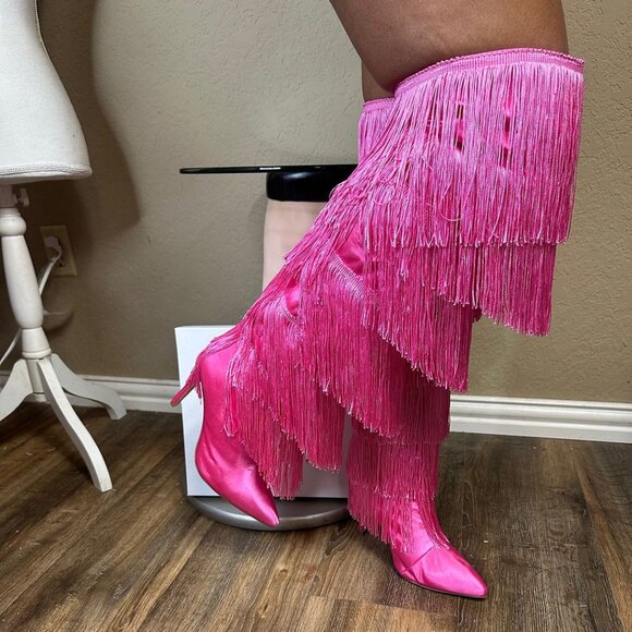 Gogo Fringed Thread Tassle OTK Thigh High Pink Satin High Heel Boots - Picture 12 of 14